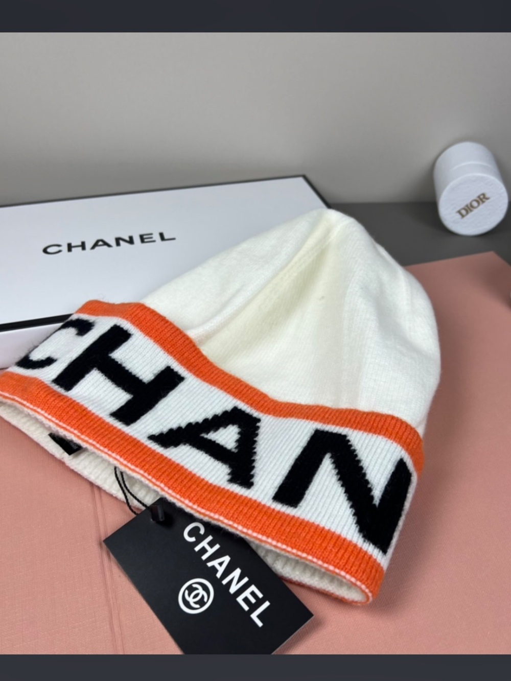 🧡 Double C Designer Large Letter Spell Out Beanie Hat Cap Orange